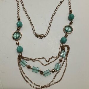 Layered Aqua Bead and Gold-Tone Multi-Strand Necklace